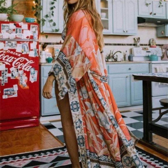 Sweaters - Boho Chic Gypsy Feel Print Long KImono cardigan